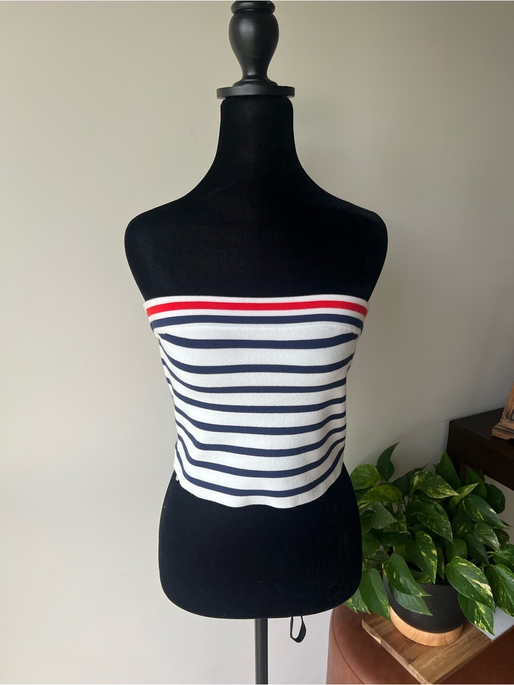LOFT Navy & White Striped Strapless Crop Top with Red Accent